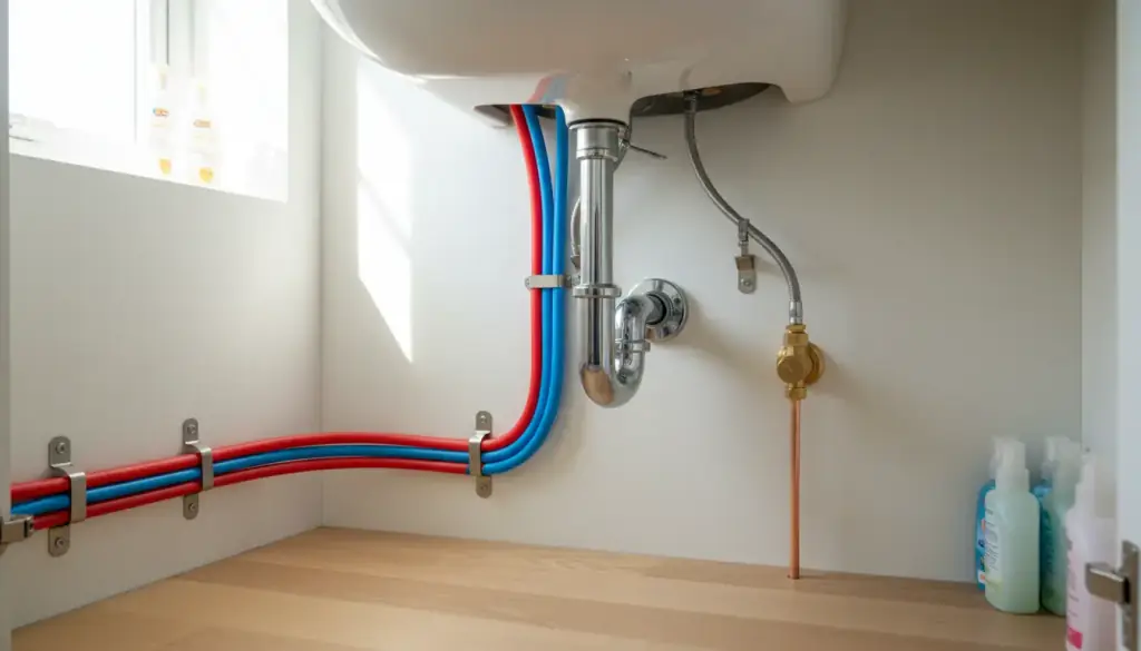 Hot and cold supply lines, a chrome trap and a brass stop valve beneath a bathroom sink