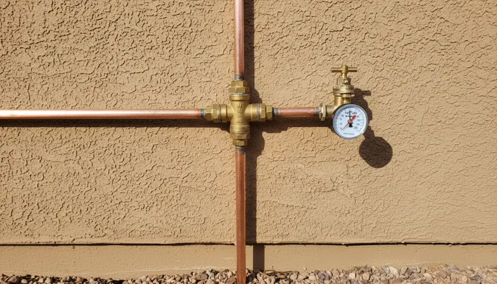Brass valves on a copper main water line against a tan stucco wall with a pressure gauge on the hose bib