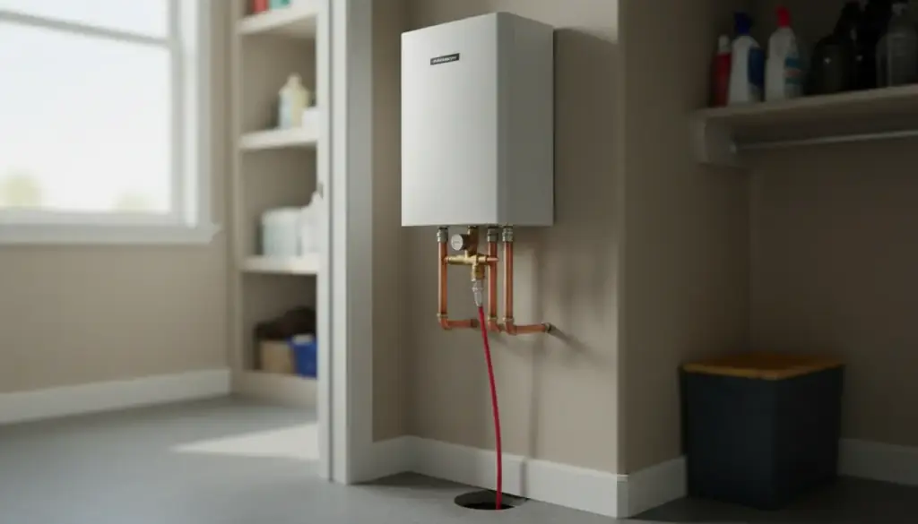 Wall-mounted tankless water heater with copper water and gas connections