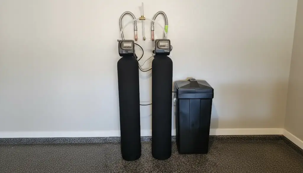 Twin-tank water softener with digital control heads and a brine tank against a garage wall